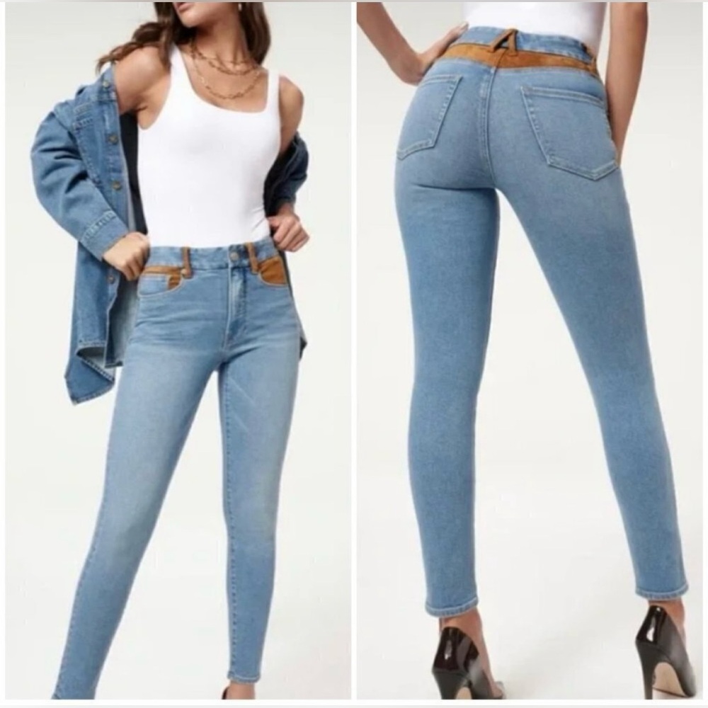Good American jeans with brown suede embellishments